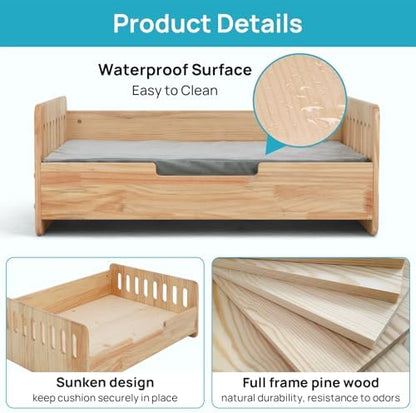 Elevated Dog Bed for Small to Medium Dogs – 32” x 21” Indoor Wooden Pet Sofa with Soft Cushion, Mid-Century Modern Style, Sturdy & Stylish (Natural)
