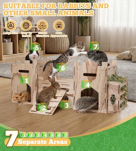 HIIMALEX Extra Large Wooden Bunny Castle House Multistory Climbing Tower Hideout Ventilated Sturdy Habitat for Rabbit Guinea Pig Chinchilla Ferret