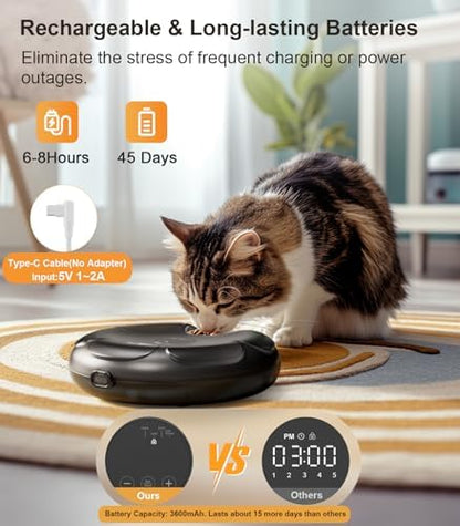 Casfuy Automatic Cat Feeder Cordless - Automatic Cat Food Dispenser for Wet Moist Food with 4 Ice Packs Rechargeable Auto Feeder for Cats Small Dogs with Programmable Timer Low Battery Indicator