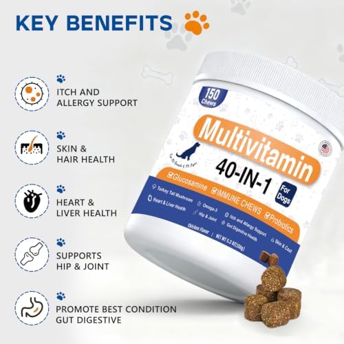 Dog Multivitamin Chews 150ct 40-in-1 Dog Vitamins and Supplements Chewable Contain Probiotics Omega-3 Glucosamine, Multivitamin for Dogs Skin Coat Heart Joint Liver Brain Eyes Immune Support