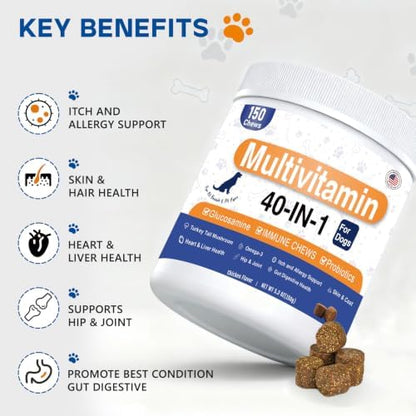 Dog Multivitamin Chews 150ct 40-in-1 Dog Vitamins and Supplements Chewable Contain Probiotics Omega-3 Glucosamine, Multivitamin for Dogs Skin Coat Heart Joint Liver Brain Eyes Immune Support