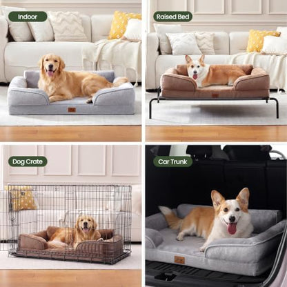 Orthopedic Dog Beds for Large Dogs, Waterproof XL Pet Couch Bed with Soft Sides, Washable Dog Sofa with Flannel Removable Cover, 42" L Supportive Egg-Crate Foam Pet Sofa, Light Grey