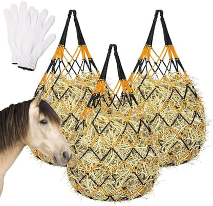 3PCS Hay Net for Horses - Ultra Slow Feed Hay Net with 3 Pairs Gloves, 2.36"x2.36" Holes 40” Horse Slow Feed Hay Nets for Stall, Trailer, Pasture - Heavy-Duty Hanging Feeders (Black & Yellow)