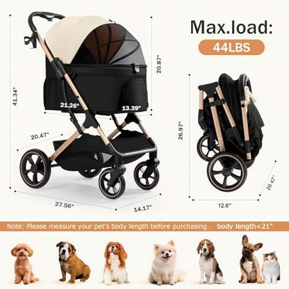 Pet Stroller for Small Medium Dogs and Cats, Lightweight Foldable Dog Stroller with Leashes,Spacious Storage, Cup Holder for Puppy Senior Pets Walking,Vet Visits(Khaki, Standard)