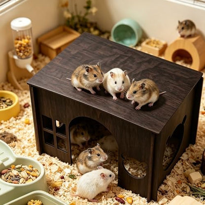 Large Sturdy Wooden Rabbit Castle Hideout with Spacious Balcony, Detachable Bunny Playhouse Hideaway Cage Accessories, Indoor Habitat Toys for Guinea Pig Chinchilla Hamster Gerbil Small Animals