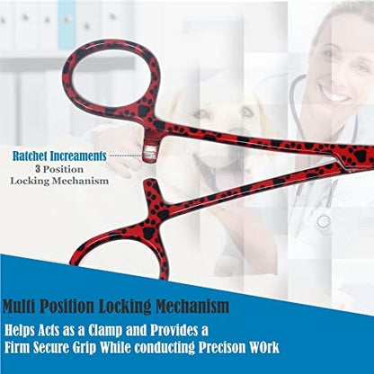 Dog Pet Ear/Nose Hair Puller Grooming Hemostat Locking Forceps Curved Pliers, 5.5" (14cm) Full Serrated Clamps Stainless Steel (Red Paws)