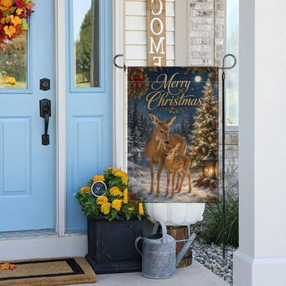 Merry Christmas Garden Flag 12x18 Inch Doe Fawn Lighted Tree Moonlit Forest Lantern Rustic Winter Outdoor Yard Lawn Front Porch Welcome Double Sided Banner Decor Gift