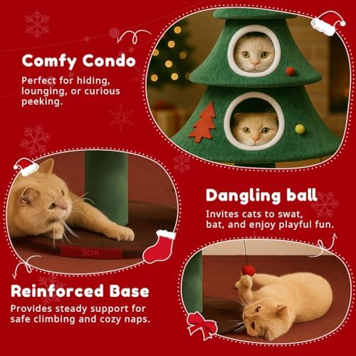 LUCKLIFE 52" Christmas Cat Tree with 2 Cozy Houses,Indoor Modern Cat Tower with Anti-Tip Kit,Plush Perches & Hanging Balls,Holiday Cat Climbing Furniture for Kittens to Play and Sleep