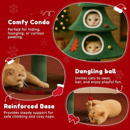 LUCKLIFE 52" Christmas Cat Tree with 2 Cozy Houses,Indoor Modern Cat Tower with Anti-Tip Kit,Plush Perches & Hanging Balls,Holiday Cat Climbing Furniture for Kittens to Play and Sleep
