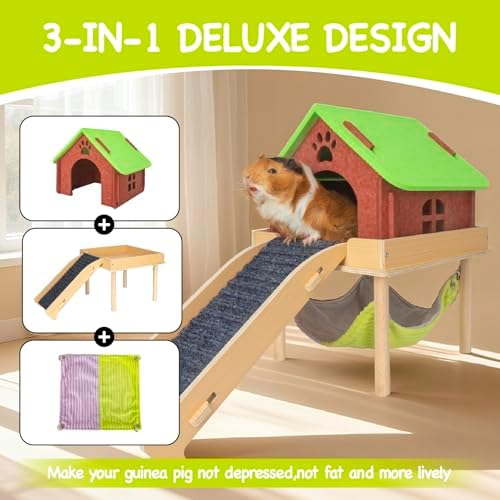 BESNEW 3 in 1 Enlarged Guinea Pig Hammock,Wooden Guinea Pig Hideout with House & Platform & Stairs Small Animal Toys for Hiding Sleeping Activities