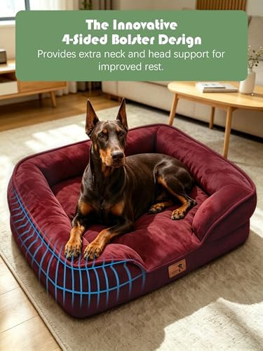 Spotted Play Orthopedic Dog Bed with Sides - Sofa Beds for Extra Large Dogs, Supportive Foam Pet Couch Bed with Washable Removable Cover, Waterproof Lining and Non-Slip Bottom, Burgundy - XL-Plus