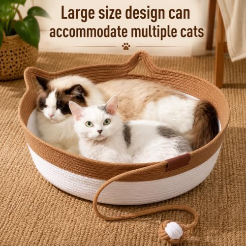 Natural Rope Cat Basket, Handmade Cotton Cat Bed with Ball, Large