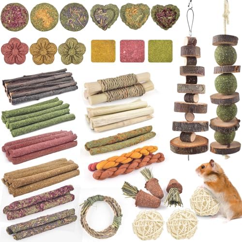 ERKOON 100PCS Rabbit Chew Toys, Natural Timothy Grass Cakes Guinea Pig Toys, Small Animal Teeth Grinding Treats for Bunny Hamster Chinchilla, Safe Dental Care Snacks