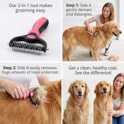 Dematting Comb for Dogs and Cats, Undercoat Rake Pet Brush for Long Hair, Deshedding Dog Brush Removes Tangles Knots and Loose Fur, Grooming Tool for Thick Coats (Blue L*2)