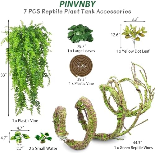 PINVNBY 7 PCS Reptile Plants Vine, Terrarium Hanging Flexible Climbing Artificial Leaves Reptile Hide, Bearded Dragon Tank Accessories, Terrarium Decor for Leopard Gecko Lizard Snake Geckos Chameleon