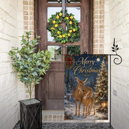 Merry Christmas Garden Flag 12x18 Inch Doe Fawn Lighted Tree Moonlit Forest Lantern Rustic Winter Outdoor Yard Lawn Front Porch Welcome Double Sided Banner Decor Gift