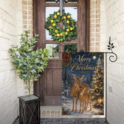 Merry Christmas Garden Flag 12x18 Inch Doe Fawn Lighted Tree Moonlit Forest Lantern Rustic Winter Outdoor Yard Lawn Front Porch Welcome Double Sided Banner Decor Gift