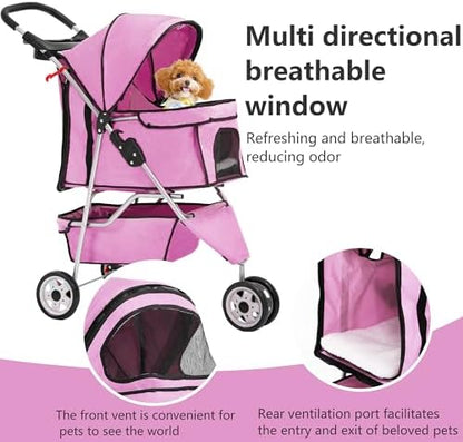 FDW | 3-Wheel Foldable Pet Stroller | Peach Pink | Lightweight & Portable
