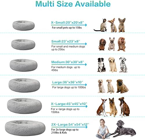 SAVFOX 30 inches Calming Donut Dog Bed - 3X Durable Plush Faux Fur, Machine Washable & Non-Slip, Fits up to 45 lbs, Light Grey