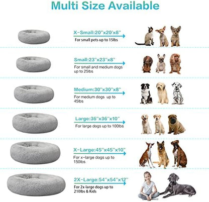 SAVFOX 23 inches Calming Donut Dog Bed - 3X Durable Plush Faux Fur, Machine Washable & Non-Slip, Fits up to 25 lbs, Light Grey