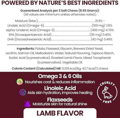 Omega 3 Fish Oil for Dogs, Lamb Flavor - 180 Soft Chews for Skin and Coat
