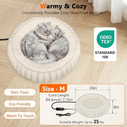 INVENHO Heated Cat Beds for Indoor Cats and Small Dogs, 24" Cozy Donut Heated Pet Bed with Timer & Temp Adjustable, Removable Waterproof Electric Warming Bed for Indoor Cat