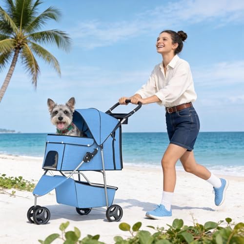 BestPet | 3-Wheel Pet Stroller | Blue | Foldable Dog and Cat Stroller