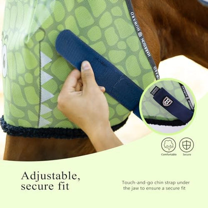 Harrison Howard All Round Mesh Horse Fly Mask UV Protective with Fleece Padded Edging and Fun Prints Forelock Opening Design Mask for Horse Crocodile Large