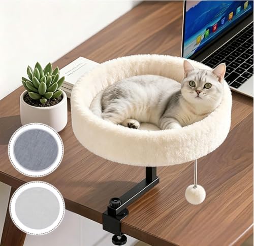 Chumajor Cat Desk Bed - 360° Rotating & Adjustable, Supports 50 lbs, Soft Faux Fur with Dual-Sided Reversible Mat, Modern Indoor Cat Nest Furniture for Office Desks and Game Tables, Island Table white