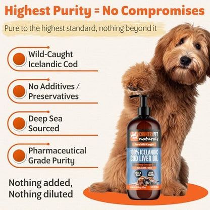Wild-Caught Pure Icelandic Cod Liver Oil for Dogs & Cats,1150 mg Omega-3 per TSP, High EPA & DHA, Natural Vitamins A & D, Supports Healthy Skin & Coat & Mobility, Single-Ingredient, 100% Pure