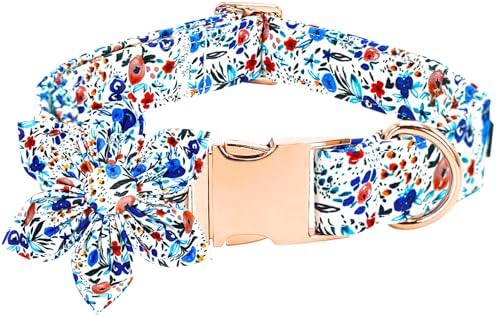 Dog Collar-Flower Print Adjustable Cute Pet Collar Soft Blue Floral Dog Collars with Flower Durable Cotton Metal Buckle Puppy Collar Gift for X-Large Dogs