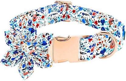Dog Collar-Flower Print Adjustable Cute Pet Collar Soft Blue Floral Dog Collars with Flower Durable Cotton Metal Buckle Puppy Collar Gift for Large Dogs