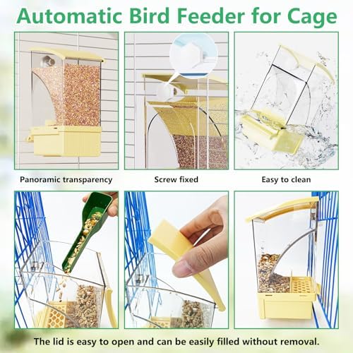 Hamiledyi Automatic Bird Feeder No Mess Bird Cage Feeder Transparent Acrylic Parrot Seed Food Container with Perch Cage Accessories for Parakeet Finch Lovebirds Budgies Canary (Yellow)