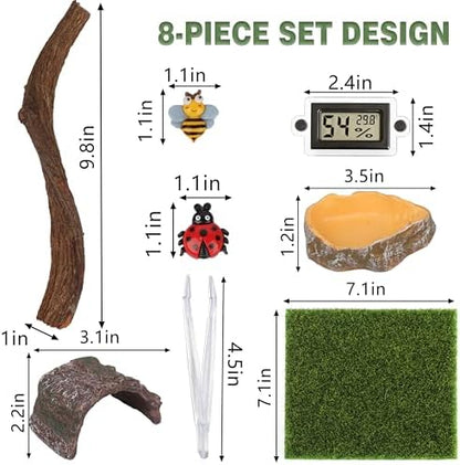 Jumping Spider Enclosure Accessories Kit, 8-in-1 Tarantula Decor Set with Magnetic Ledge, Hide, Food Dish, Thermometer, Branches, Miniatures for DIY Habitat (Tank Not Included)