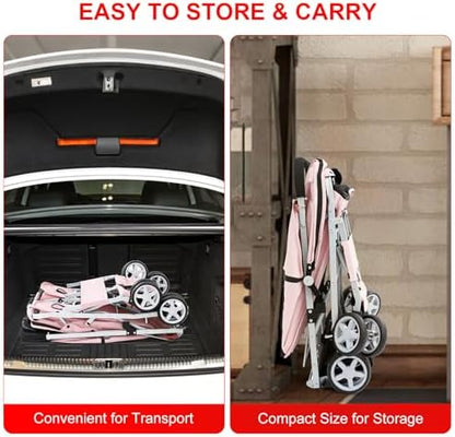Double Pet Stroller for 2 Small Dogs & Cats, Side-by-Side Twin Travel Carriage with Safety Leashes, Mesh Windows & Double Storage Baskets, Lightweight & Foldable, 44lbs Capacity, Pink