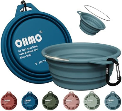 OHMO Large Collapsible Dog Bowls, Steel Rim, 27oz, 2pcs, Dark&Light Blue
