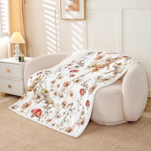 Erosebridal Reptile Lizard Gecko Blankets and Throws 60"x80",Cute Mushroom Blanket Throw for Kids Women Girls,Wild Animal Print Fleece Blanket Farmhouse Flowers Sherpa Blanket for Bedroom Decor