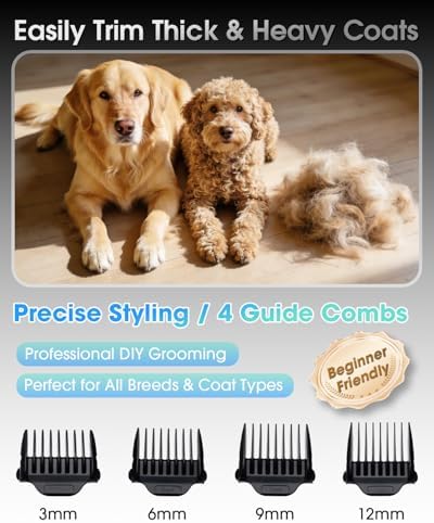 M&M STAR Dog Grooming Kit, Low Noise Dog Clippers, 2-Speed IPX7 Waterproof, Rechargeable Cordless Pet Hair Clippers Trimmer Shaver with LED Display for Dogs and Cats, Gold