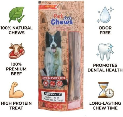 12" Jumbo Bully Sticks (10 Pack) - 70g Average per Stick (700g Total) - 100% Natural Grass-Fed Beef Pizzle, Odor-Free - Long Lasting Chews for Large Dogs & Power Chewers