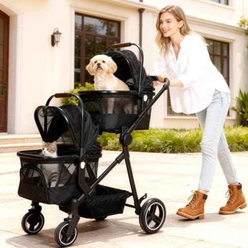 Foldable Double Pet Stroller for 2 Small Medium Cats Dogs