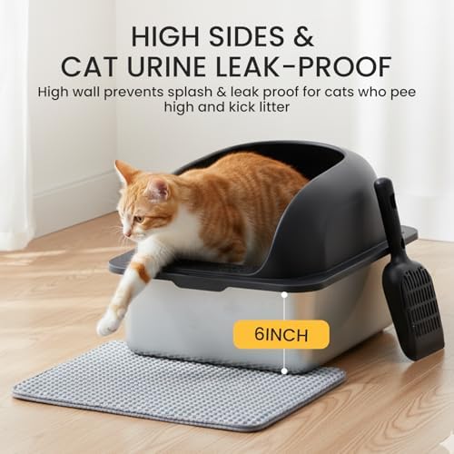 HealSmart Stainless Steel XL Cat Litter Box, Extra Large Cat Litter Box with Lid, High Sided Metal Litter Tray for Big Cats, Anti-Urine Leakage Non-Stick Easy Clean, Black