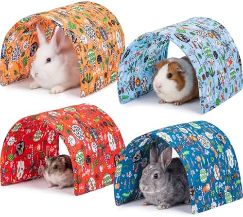BreezeHug 4 Pcs Guinea Pig Tunnel Foldable Rabbit Hideout Washable and Soft Bunny Hide House Ferret Tunnel Toys Cage Accessories for Small Animal Hamster Hedgehogs Chinchilla(Doodle Forest)