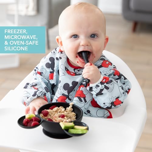 Bumkins Disney Mickey Mouse Bowl, Silicone First Feeding Set with Suction, Includes Spoon, Training Essentials for Baby-Led Weaning, Toddler Self-Feeding, Babies Eating at 4 Mos Up, Black