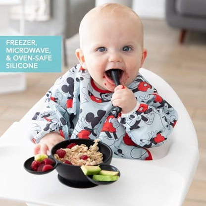 Bumkins Disney Mickey Mouse Bowl, Silicone First Feeding Set with Suction, Includes Spoon, Training Essentials for Baby-Led Weaning, Toddler Self-Feeding, Babies Eating at 4 Mos Up, Black