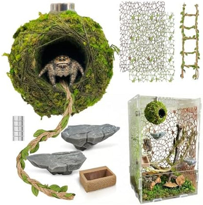 Jumping Spider Enclosure Accessories Kit - Magnetic Moss Ball Hideout, 2 Rock Ledges, Feeding Bowl, Climbing Mesh Nets & Rope Ladder - Natural Forest Habitat Decor for Regal (Moss Cave with Rope)