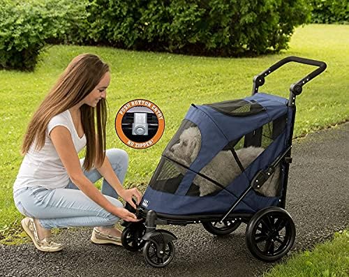 Pet Gear NO-Zip Pet Stroller with Dual Entry, Push Button Zipperless Entry for Single or Multiple Dogs/Cats, Pet Can Easily Walk in/Out, Gel-Filled Tires, Midnight Blue, Excursion