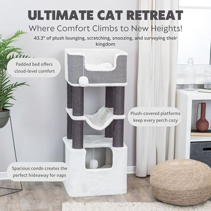 Trixie Lucano 43.3-in XXL Cat Tree, Indoor Cat Furniture with Jute Scratching Posts, Sisal and Plush Covered Condo, Dangling Interactive Toys, Gray