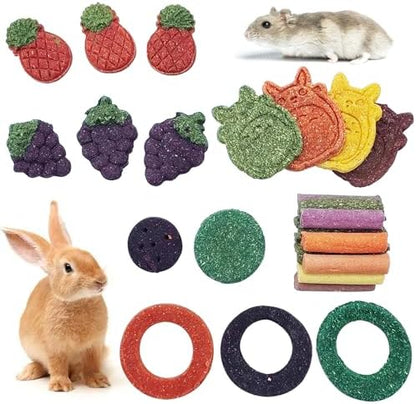 Fhiny 27 PCS Rabbit Chew Toys for Teeth, Natural Bunny Treats，Chinchillas Snack Food Small Animal Molar Toys for Guinea Pigs Mice Gerbils Made of Timothy Grass Pumpkin Beets Purple Potatoes Carrot