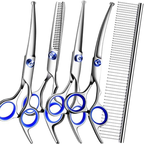 Dog Grooming Scissors Kit, Premium Stainless Steel Dog Shears with Curved Shears, Sharp Durable for Dogs Cats+Blue 5 Piece