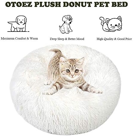 otoez Kitten Puppy Bed Extra Small XS Round Dog Cat Beds Anti Anxiety Plush Pet Calming Donut Bed with Non-Slip Waterproof Bottom, Washable (15.7", White)
